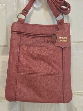 Genuine Leather Multi-Pocket Crossbody Bag - Soft RedUnisex